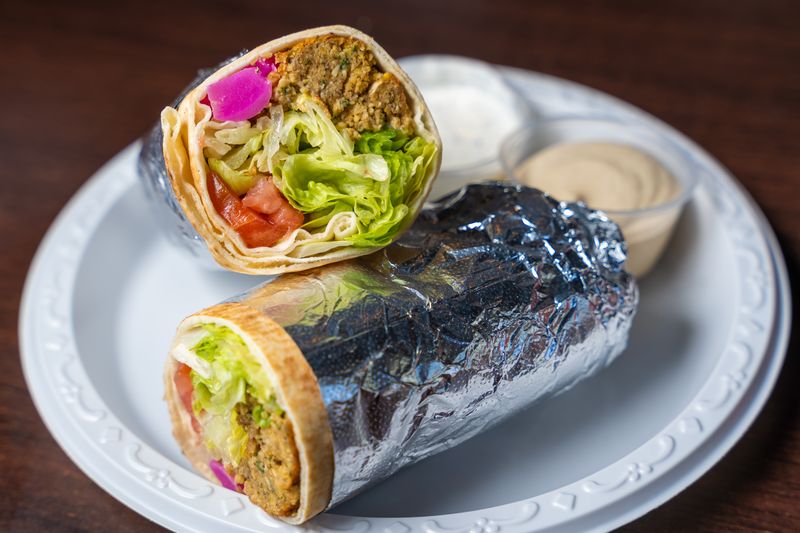 Falafel Veggie Wrap with hummus and roasted vegetables